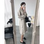 Collarless Buttoned Linen Coat With Sash