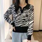 Zebra Print Collared Sweater Black - One Size