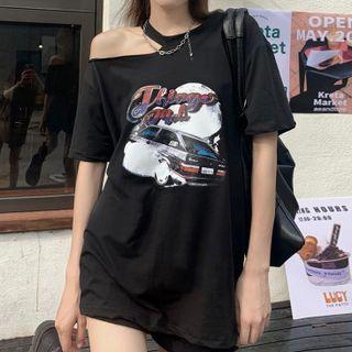 Elbow-sleeve Cold-shoulder Car Print T-shirt T-shirt - Black - One Size