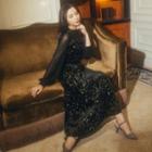 Mesh Panel Long-sleeve Sequined Midi A-line Dress
