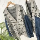 Long-sleeve V-neck Lettering Knit Jacket Gray - Jacket - One Size