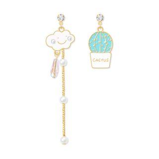 Non-matching Rhinestone Faux Pearl Cactus & Cloud Dangle Earring