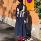 Long-sleeve Collared Midi A-line Dress / Flower Embroidered Crochet Knit Vest