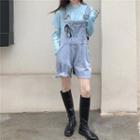Long-sleeve Plain Cut-out Top / Denim Jumper Shorts