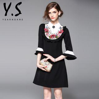 Flower Embroidered Color Panel 3/4 Sleeve Dress