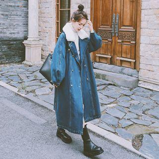 Double Breasted Fleece Collar Denim Long Coat