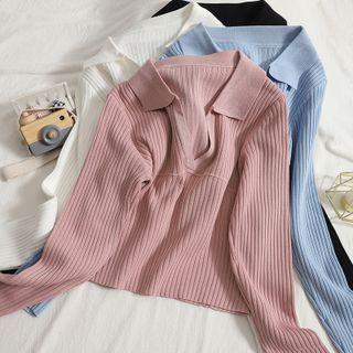 Collared Open Placket Ribbed Knit Top