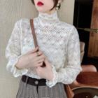 Mock-neck Lace Jacquard Bell-sleeve Top