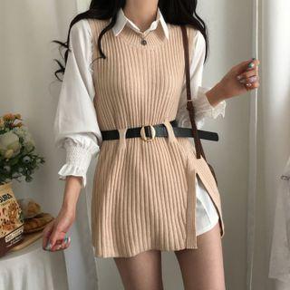 Set: Puff-sleeve Long Shirt + Sweater Vest