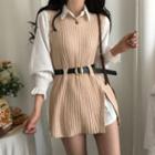 Set: Puff-sleeve Long Shirt + Sweater Vest