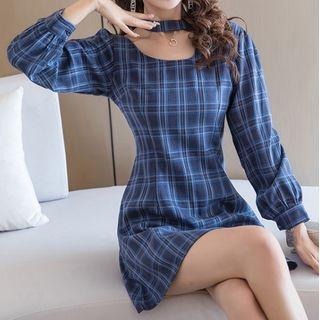 Long-sleeve Plaid Cutout A-line Dress