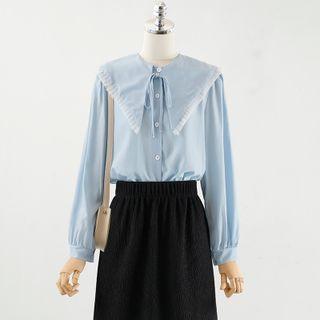 Puff-sleeve Ruffle Trim Blouse / Ribbed Midi A-line Skirt