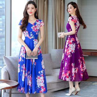 Flower Print Cap-sleeve A-line Midi Chiffon Dress
