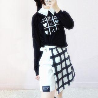 Collared Printed Pullover / Plaid Panel Mini Skort / Plaid Panel A-line Mesh Skirt