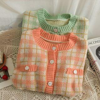 Plaid Crew-neck Loose Cardigan