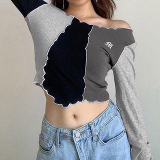 Long-sleeve Frill Trim Color Block Crop Top