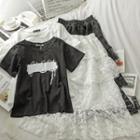 Short-sleeve Cartoon Print T-shirt / Midi A-line Lace Skirt