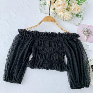 Long-sleeve Frill Trim Mesh Cropped Top