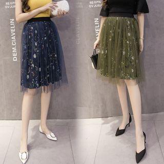 Floral Print Tulle Pleated Skirt