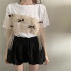 Short-sleeve Sheer Panel Tie Accent T-shirt / High-waist Loose Fit Shorts