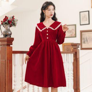 Long-sleeve Frill Trim Collar Velour Midi A-line Dress