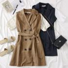 Patchwork Double-breasted Lapel Mini Dress With Sash