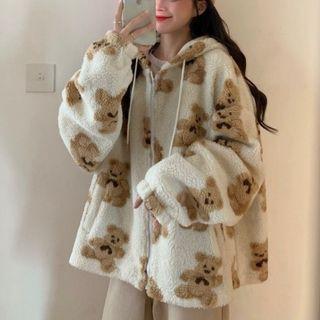 Bear Print Fleece Zip Hoodie