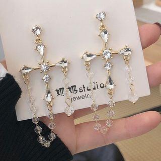 925 Sterling Silver Rhinestone Cross Dangle Earring 1 Pair - Silver Earring - One Size