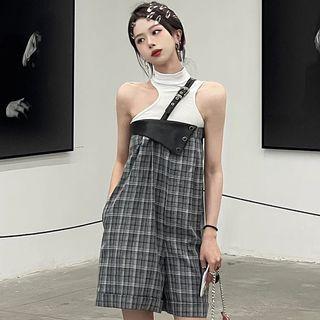 One Strap Plaid Wide Leg Jumper Shorts / Sleeveless Mock-neck Top