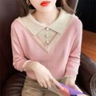 Mock Two-piece Faux Pearl Button Polo Sweater