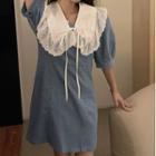 Short-sleeve Doll-collar Denim Mini Dress Light Blue - One Size