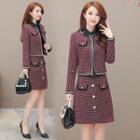 Set: Tweed Jacket + Faux Pearl Buttoned A-line Skirt