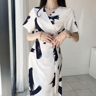 Short-sleeve Print Midi Wrap Dress White - One Size