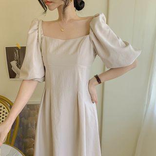 Cold Shoulder Short-sleeve Midi A-line Dress Almond - One Size