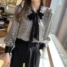 Houndstooth Tie-neck Blouse