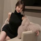 Sleeveless Turtleneck Knit Mini Sheath Dress / Tank Top