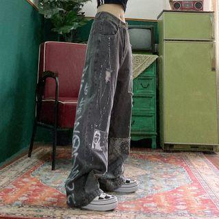 Paisley Print Applique Wide Leg Jeans