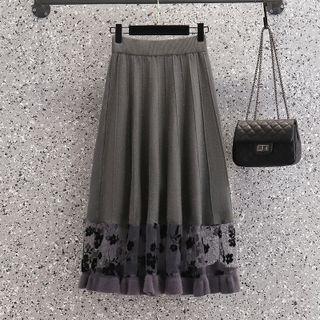 Mesh Panel Knit Midi A-line Skirt