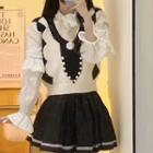 V-neck Plaid Knit Vest / Long-sleeve Ruffle Trim Shirt / Contrast Trim Mini Skirt