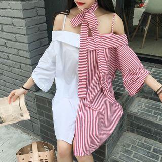 Asymmetric Panel Open Shoulder Elbow-sleeve Dress