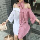 Asymmetric Panel Open Shoulder Elbow-sleeve Dress