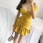 Short-sleeve Knotted Frill Trim A-line Mini Dress Yellow - One Size