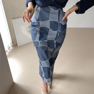 Patchwork Long Denim Skirt