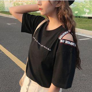 Elbow-sleeve Letter Cutout T-shirt