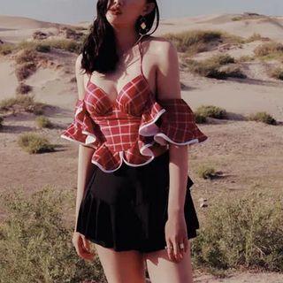 Set: Plaid Swim Top + Swim Bottom + Swim Skirt