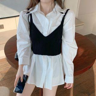 Heart Embroidered Shirt / Ribbed Knit Camisole Top