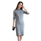 Set: Cutout-shoulder Knit Top + Pencil Skirt