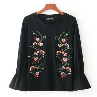 Bell-sleeve Floral Embroidered Pullover