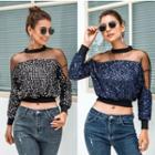 Sequined Mesh Panel Cropped Top