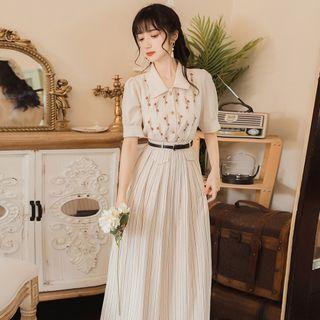Set: Short-sleeve Floral Embroidered Shirt + Pleated Midi A-line Skirt